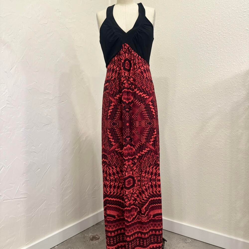Emma Michele Women’s Medium Dress Red Black Anima Print Halter Maxi Dress V Neck